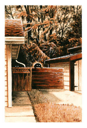 A gouache painting entirely in shades of brown and black. The image depicts two small creatures, little black blobs with white circles for eyes, peeking out from behind a fence and a gate connected to a house on one side and a small shed or carport like structure on the other side. Tall trees fill out the background.
