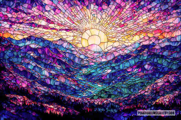 Colorful landscape art with a stained glass effect featuring a sunrise over the mountains, by artist Peggy Collins.