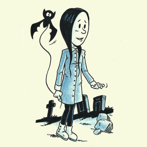 Cartoon of a girl with long black hair wearing coat, leggings and boots with buttons down the sides. She is walking in a graveyard and it’s holding a piece of string in her right hand. A bat, which is flying by her head is attached to the string.