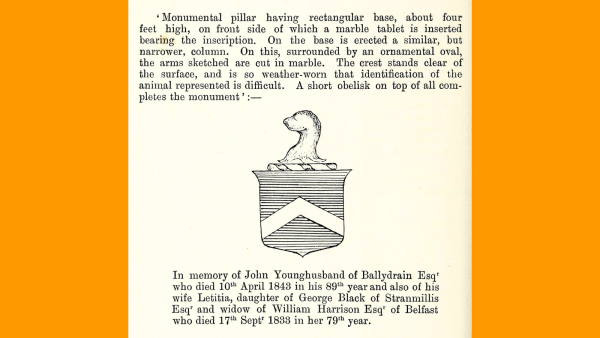 Transcript of a gravestone inscription with a drawing of a coat of arms that was carved on the gravestone.