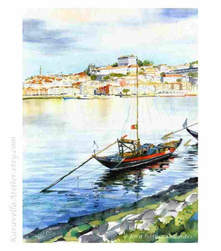 Rabelo boat In Porto Portugal original handmade watercolor painting on paper by Dora Hathazi Mendes