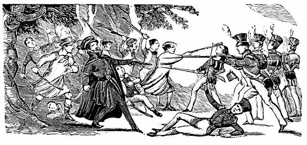 Scene at Bossenden Wood drawn by an eyewitness, expressly for the Penny Satirist: Soldiers aiming guns at peasants armed with sticks. Public Domain, https://en.wikipedia.org/w/index.php?curid=9777076