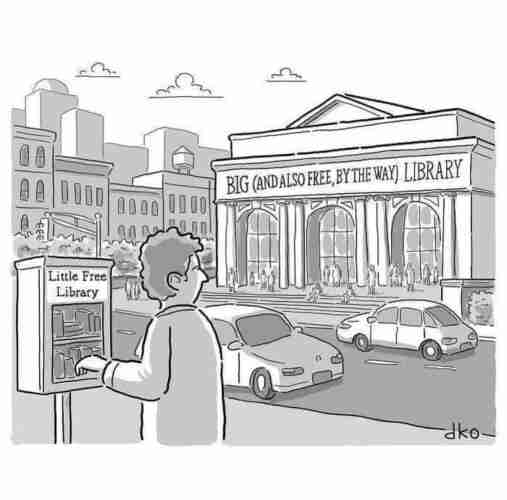 Person standing on a sidewalk preparing to open the door to a Little Free Library. Pausing, they glance across the street to see huge letters carved into the facade of a classical, full size building that read, “BIG (AND ALSO FREE BY THE WAY) LIBRARY”