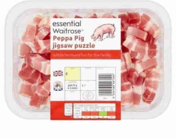 A packet of Waitrose bacon pieces labelled "Peppa Pig jigsaw puzzle"