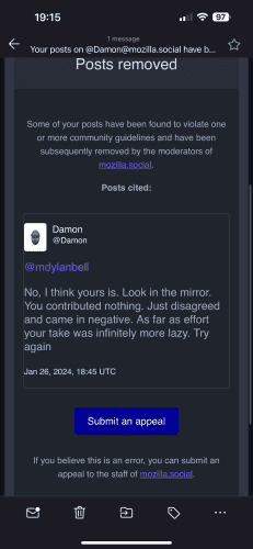 A screenshot of Damon's status, for which his account got in trouble.

It reads: "No, I think yours is. Look in the mirror. You contributed nothing. Just disagreed and came in negative. As far as effort, your take was infinitely more lazy. Try again."