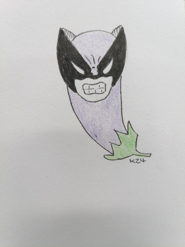 Sketch of the cartoon of a typical angry Wolverine face and mask on an upside-down aubergine 
