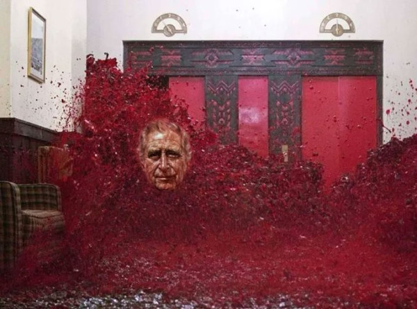 Still image. A torrent of blood pouring out of a just-opening elevator and rushing down a wide hallway, capture from The Shining (1980). Jonathan Yeo's portrait of the current british monarch is edited in to show the face at the head of the train of blood. 