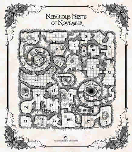 black and white dungeon map titled "nefarious nests of November". it has 30 areas or rooms, with 3 spiral stairs, one of which drops to a precipice that ends on the next level. it has many kinds of monster nests scattered through its rooms. on the border, a partial skeleton with a burst thorax.