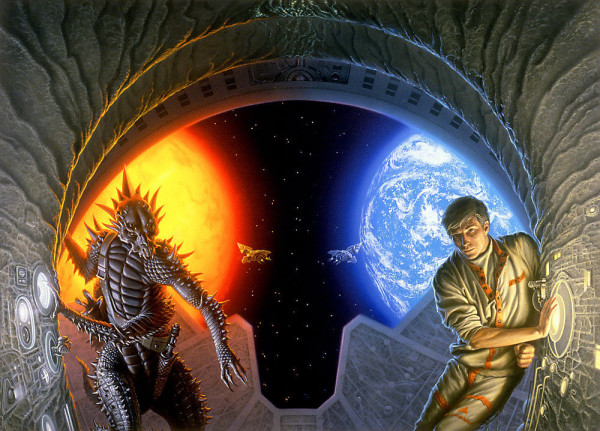 A mirrored perspective staring out the viewport of an alien spaceship. The interior is framed by a series of arches. The walls are textured like rock with ripples radiating throughout. On the right of the panel, a man in white jumpsuit trimmed with orange leans against an arched bulkhead. He presses a sensor with the flat of his palm. The white light of it bathes his right half. Behind him a spaceship approaches a cool blue cloud-covered planet. In the foreground of the panel left, an alien with spiky black carapace grips the wall with one of its four arms. It reaches across its body with the lower arm opposite, fingering a similar lighted sensor with a talon.  Hips round sharply as it twist its torso to reach the sensor. A sheathed dagger is belted at its waist. Behind the alien, an orange sun glows warmly in contrast to the planet mirrored on the other side of the panel.
