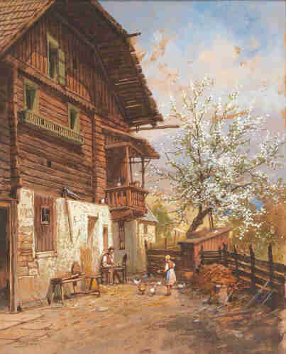 This painting depicts a farm yard in spring.