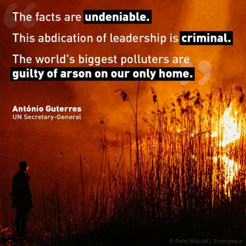"The facts are undeniable.
This abdication of leadership is crimial.
The world's biggest polluters are guilty of arson on our only home."

António Guterres 
UN Secretary General