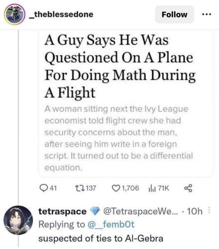 _theblessedone A Guy Says He Was Questioned On A Plane For Doing Math During A Flight A woman sitting next the Ivy League economist told flight crew she had security concerns about the man, after seeing him write in a foreign script. It turned out to be a differential equation. tetraspace • @TetraspaceWe...  suspected of ties to Al-Gebra