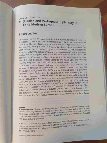 First page of the early modern diplomacy handbook chapter on "Spanish and Portuguese Diplomacy in Early Modern Europe" by Diana Carrió-Invernizzi