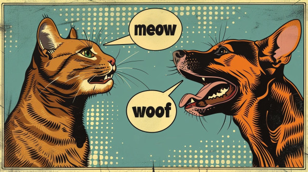 A vibrant, pop-art style illustration depicting a friendly interaction between a cat and a dog. The cat, on the left side, is rendered in shades of brown and orange with detailed black lines highlighting its fur and features. It has a speech bubble coming from its mouth that says “meow.”

On the right side, the dog is illustrated in similar shades of brown and orange, with intricate black lines detailing its fur and facial expression. The dog has a speech bubble that says “woof,” indicating a playful exchange between the two animals.

The background is a teal color with a halftone pattern, adding to the retro, comic book aesthetic of the illustration. The border of the image is designed to look worn and vintage, further enhancing the pop-art style. The overall effect is lively and engaging, capturing the friendly and humorous nature of the interaction between the cat and dog.