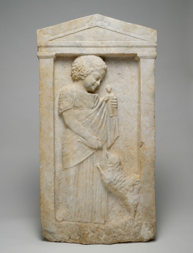 Description from museum: “An inscription written on a narrow architrave below the pediment reads: MEΛIΣTΩ KTHΣIKPATOYΣ ΠOTAMIOY, “Melisto, daughter of Ktesikrates, from the Demos of Potamos”. Melisto, daughter of Ktesikrates, holds a doll in her left hand and a bird in the right, and looks down toward the furry little dog springing up at her from the right. She wears a simple girt chiton, like a nightgown.”