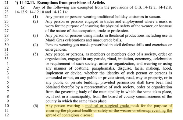 "§ 14-12.11. Exemptions from provisions of Article.

Any person wearing a medical or surgical grade mask for the purpose of ensuring the physical health or safety of the wearer or others.preventing the spread of contagious disease.