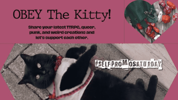 promo image for self promo saturday, salmon colored background, image in frame at bottom of black cat in a light grey vest looking up with bright yellow eyes at the camera, heart shaped frame in upper right with a dice pouch and red gaming polyhedral dice
text: OBEY The Kitty! Share your latest TTRPG, queer, punk, and weird creations and let's support each other. #SelfPromoSaturday