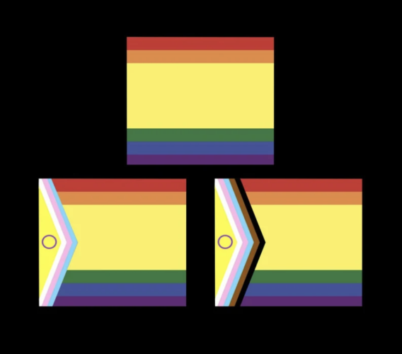 3 pride flag options:
Classic rainbow flag with an enlarged yellow part
Rainbow flag including intersex and trans colors in a small triangle on the left, with an enlarged yellow part 
Rainbow flag including intersex and trans colors and emphasizing people of color with brown and black lines, in a small triangle on the left, with an enlarged yellow part