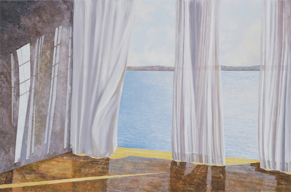 An oil painting of a sunny day looking out at a calm sea, low line of hills, and empty sky through two windows in a empty room except for light, white curtains blowing gently in the wind.