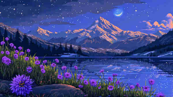 A pixel art representation of a tranquil mountain landscape at night. The sky is dark and dotted with stars, featuring a crescent moon accompanied by whimsical cloud patterns. A majestic mountain with snow-capped peaks glows under the moonlight, with the slopes showing varying shades of blue and orange, indicating the play of light. In the foreground, there’s a field of vibrant purple flowers, possibly wild lavender or similar, which adds a splash of color to the scene. A serene lake mirrors the stars, creating a sense of calmness. The juxtaposition of the warm and cool tones, along with the starry sky, gives the picture a magical and peaceful ambiance.