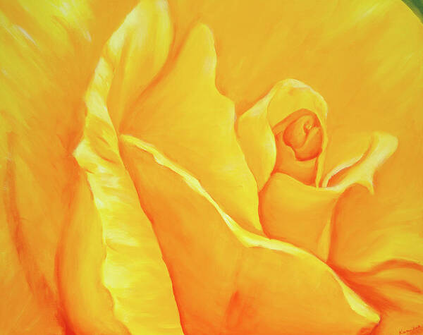 Yellow rose detail is an acrylic painting on canvas in landscape format painted by the artist Karen Kaspar. It shows the inner petals of a beautiful rose blossom in bright yellow and orange colors.