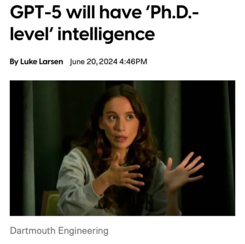 Headline of an online article about OpenAI with a picture of CTO Mira Murati and titled "GTP-5 will have 'Ph.D.-level' intelligence"