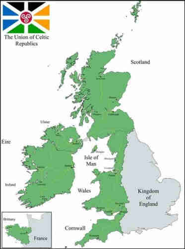 A map separating Scotland, Wales and Cornall from the rest of the UK with a vertical line.  The English side is grey, the other green.  Also in green is the island of Ireland and - in a separate, smaller graphic at the bottom left hand corner, Brittany.
In the top left corner is the Celtic Alliance flag.