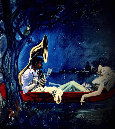 Painting of night time in a small rowboat on the water under a tree with a city in the background.

A blonde woman in a light green evening dress lounges in the bow with half closed eyes and a quirky smile.

Sitting very upright in the back of the boat a young man is earnestly playing the tuba toward the woman.