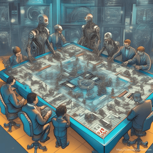 A group of persons and robots around a table seem to be playing a board game