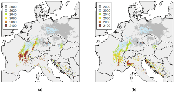 Twin region maps for site Roth (Near Nuremberg, Bavaria, Germany) (a) RCP 4.5 mean variant, (b) RCP 8.5 mean variants.

Climate analogues are across the Alps (or south of Switzerland as you prefer). But not before 2050.