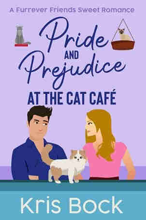 
The book cover has a violet background. A man in a blue shirt and a woman in a pink top look at each other. It's not clear if they are annoyed or flirting. A fluffy cream and white cat stands in front of them looking at the viewer. Two more cats are in the upper background.
Text at the top says a Furrever Friends Sweet Romance. The title follows, Pride and Prejudice at The Cat Café, then the author’s name, Kris Bock.
