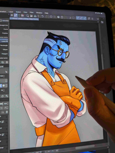 work in progress shot of a burly mustached man with blue skin and scars. Frankenstein monster looking mofo.