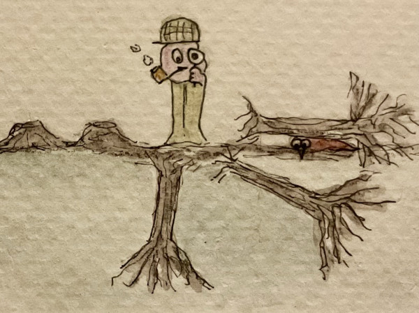 A drawing depicts a person wearing a detective hat and smoking a pipe, holding a magnifying glass. It stands on the ground above three cut tree trunks with roots extending underground and an animal peeking out from a hiding spot under on of the trees.