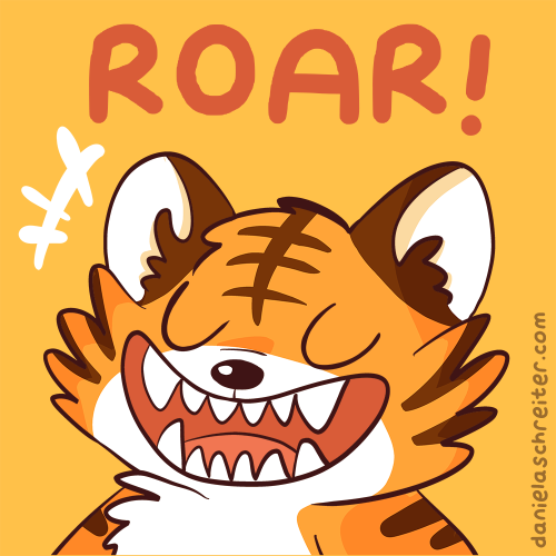 Comic-Illustration: Tiger portrait, the little tiger roars happily. His eyes are closed. The background is coloured in a warm yellow.