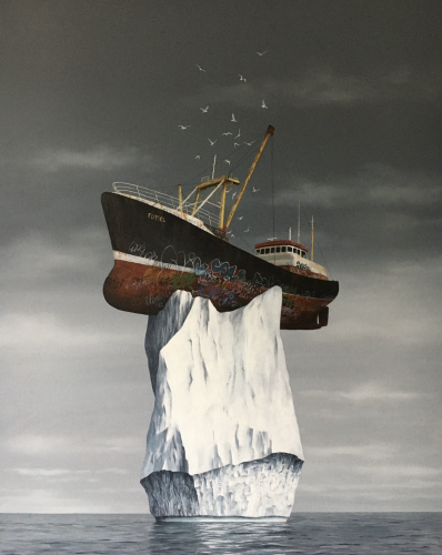 A graffitied trawler ship balances precariously on top of an iceberg.