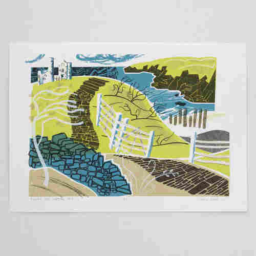 A five colour screenprint of a coastal path winding over hills towards the sea. On the top of the hill on the left stands a tin mine. Next to the path is an old fence. In the foreground on the left is a dry stone wall and a white tree. In the background on the top right is the sea and a headland.