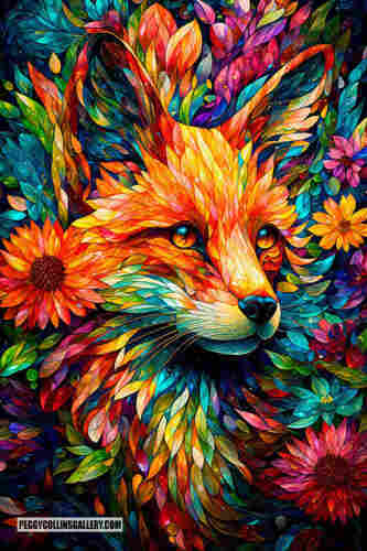 Colorful artwork of a red fox surrounded by flowers, by artist Peggy Collins.
