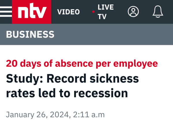 NTV:
20 days of absence per employee
Study: Record sickness rates led to recession
January 26, 2024, 2:11 a.m