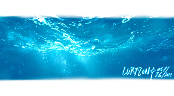 A digital drawing shot underwater, looking up toward the waves. signed “Lurizon, 05/26/2024”