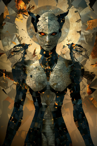 A humanoid figure with a cracked, mosaic-like surface and glowing orange eyes stands in a powerful pose. The figure has horns and is set against a fragmented, abstract background with golden and bronze hues.