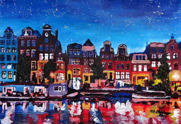 A colorful and busy night scene of a street lined with buildings of different colors, lighted windows, and a sense of bustling life. The buildings and night sky are reflected in the canal running alongside. The sky is a deep blue with stars scattered through it generously.