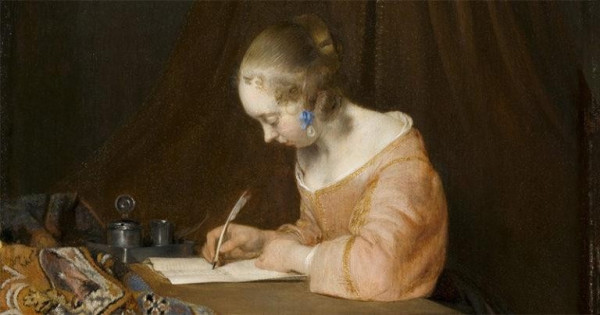 A painting of a 19th century lady writing at a desk in the evening.