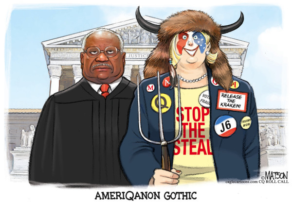 AmeriQanon Gothic - Clarence Thomas and his insurrectionist wife Ginni, horns and all