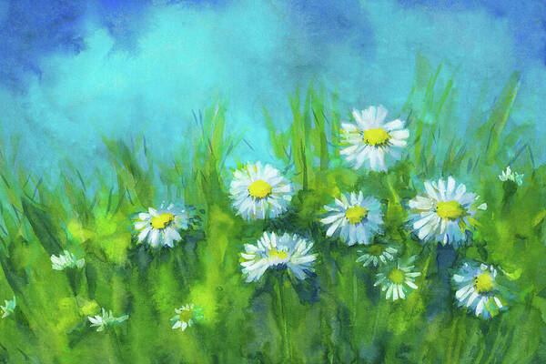 Spring meadow with daisies is a hand-painted watercolour painting in landscape format by the artist Karen Kaspar.
A group of white daisies with yellow centres shines out of a meadow with lush green grasses. The background transitions into a dreamy blue sky and gives the impression of a sunny, peaceful meadow.