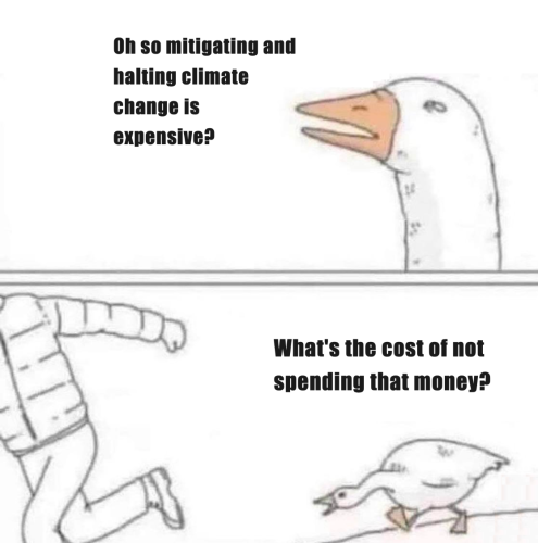 Goose attacking meme. Top panel, goose asks, "Oh so mitigating and halting climate change is expensive?"

Bottom panel [goose attacking]: "What's the cost of not spending that money?"