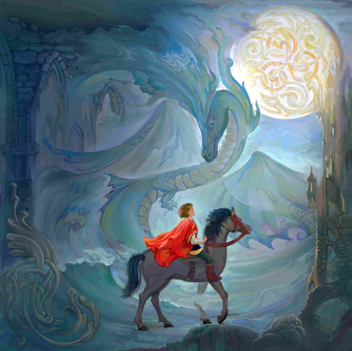 Medieval warrior riding on a horse in the fantasy Celtic environment. Art by Cernecka Natalja