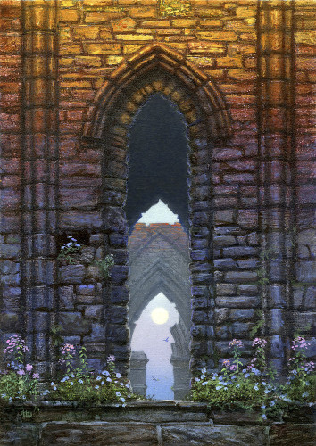 The warm glow of the morning sun hits the rough stone facade of abbey ruins. Delicate wildflowers of pink and blue grow on the step. A view through a thin pointed arch exposes a sequence of similar arches with the final arch broken and incomplete as it frames a full moon against the pale blue morning sky. A pair of seagulls glide in opposite directions.
