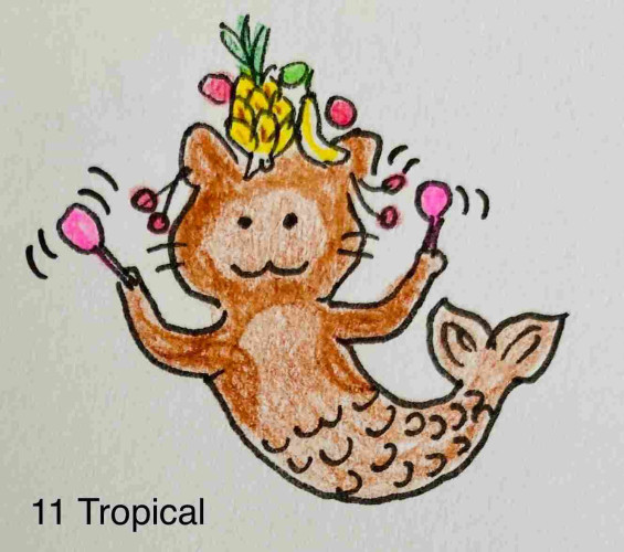 Hand-drawn image of a mermaid cat holding maracas, with a fruit hat, over the text "11 Tropical."