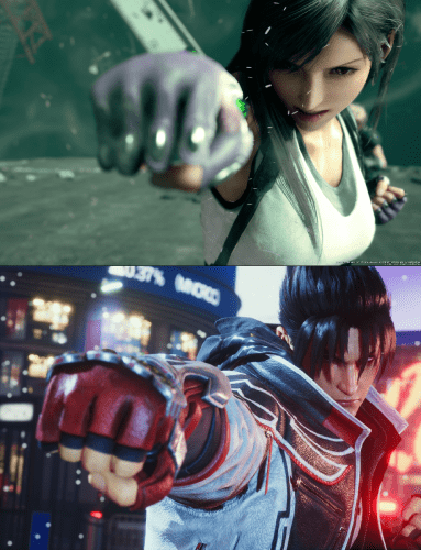 Two screenshots from video games, each with a character in a punching pose with the fist in the foreground:

Top: Tifa Lockhart, fictional character from Final Fantasy VII - a young woman with black hair in a white top

Bottom: Jin Kazama, fictional character from Tekken 8, a fighter with dark hair in a red, black and white motorbike jacket