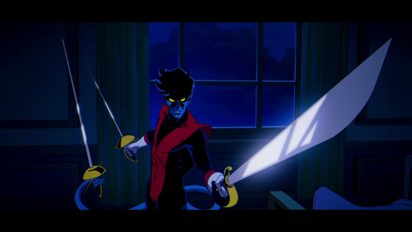 Nightcrawler from the X-Men, holding 3 swords, one in each hand and the third one with his tail. Assuming a battle-ready stance while extending one of the swords forward. 